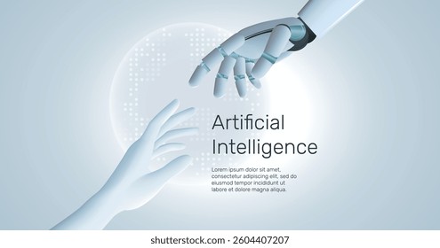Human hand and android robot hand, technology, development of artificial intelligence, robotics, partnership, digitalization, Artificial Intelligence (AI) technology innovation background.