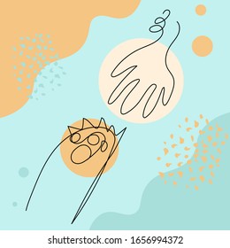 Human hand and animal paw reaching to each other as a concept of love between two living worlds or veterinary science. Simple line art style