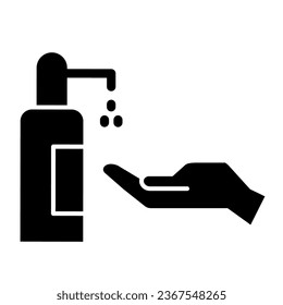 Icono sólido de pulverización de mano humana y antibacteriana, concepto de prevención covid-19, Lavar las manos con signo de jabón sanitizer sobre fondo blanco, Antiséptico para el estilo glifo de icono de manos. Gráficos vectoriales
