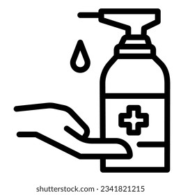 Human hand and antiseptic line icon, coronavirus prevention concept, Wash hands with sanitizer sign on white background, antibacterial gel in outline for mobile. Vector graphics.