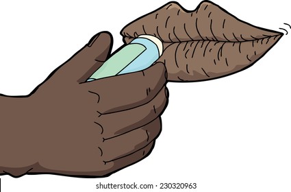 Human hand applying lip balm on dry lips