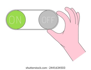 Human hand or arm switch On and Off Toggle buttons with lettering on device, app or website. person interact with or test user interface. Green and grey buttons on white background vector illustration