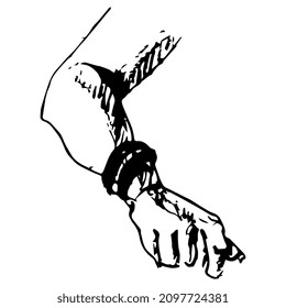 Human hand or arm wearing bangle. Hand drawn rough sketch. Black and white silhouette. Isolated vector illustration.