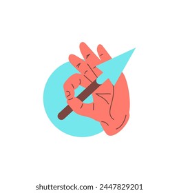 Human hand with arrow in bullseye concept of target achievement icon vector flat illustration. Cartoon male arm perfect hit goal success strategy win victory accurate aiming efficiency productivity