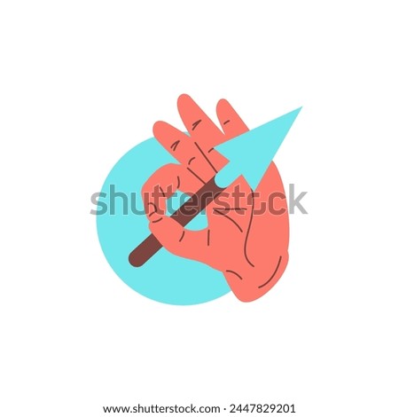 Human hand with arrow in bullseye concept of target achievement icon vector flat illustration. Cartoon male arm perfect hit goal success strategy win victory accurate aiming efficiency productivity