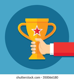 Human hand with award cup - vector Illustration in flat style for presentation, booklet, website and other creative project. Design element.