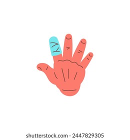 Human hand with bandage on forefinger medical aid pain injury icon vector flat illustration. Male cartoon hand with tape index finger accident emergency pharmacy treatment fixing care assistance band