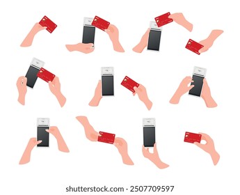 Tarjeta bancaria de mano humana POS terminal de compras sin contacto conjunto de pagos Ilustración vectorial realista. Hombre mujer Completar compra de brazo pagando tecnología inalámbrica financiera transacción digital comercial vista superior