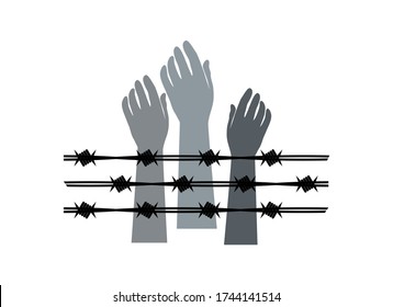 Mano humana con un vector de icono de alambre de púas. Silhouette de mano con vector de alambre de púas. Manos detrás de un vector de prisión con alambre de púas. Mano con un icono de alambre de púas aislado en un fondo blanco