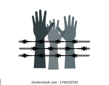 Human hand with barbed wire icon vector. Hands silhouette with barbed wire vector. Hands behind a barbed wire prison vector. Hand with barbed wire icon isolated on a white background