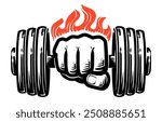 Human hand with barbell. Strong fist holds heavy barbell vector illustration. Strength, gym emblem logo