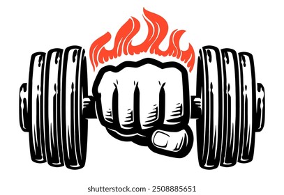 Human hand with barbell. Strong fist holds heavy barbell vector illustration. Strength, gym emblem logo