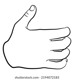 Human hand with bent fingers and raised up thumb. Black and white linear silhouette. Cartoon style.