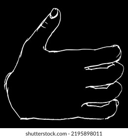 Human hand with bent fingers and raised up thumb. Hand drawn linear doodle rough sketch. White silhouette on black background.