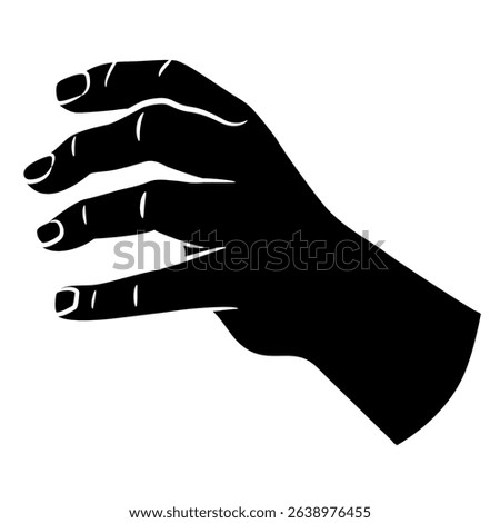 Human hand with bent fingers. Reaching grasping gesture. Black and white silhouette.