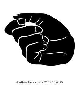 Human hand with bent fingers. Relaxed fist gesture. Cartoon style. Black and whit silhouette.