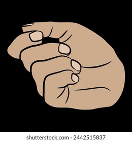 Human hand with bent fingers. Relaxed fist gesture. Cartoon style. On black background.