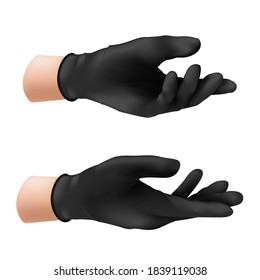 Human hand in a black nitrile protective glove. Vector illustration of a rubber product to protect the skin from various viruses, microbes and bacteria isolated on white background