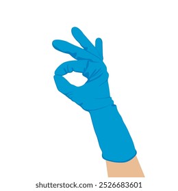 Human Hand In Blue Medical Glove Showing Ok Sign, Isolated On White Background. Vector Illustration