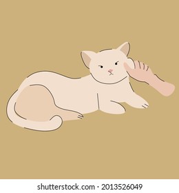 Human hand bothering cat. Human hand tease cat. Human hand distract cat. Comic style. Flat vector illustration. Pastel colored background