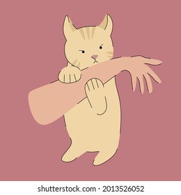 Gato humano que atormenta las manos. Gato humano que se burla de la mano. La mano humana distrae al gato. Estilo cómic. Ilustración vectorial plana. Usable para pegatinas. 