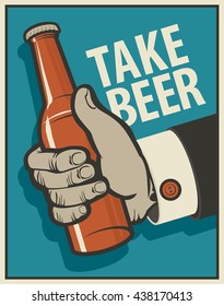 human hand with a bottle of beer in retro style