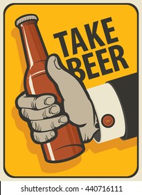 Human hand with a bottle of beer in a retro style on a bright orange background