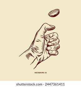 Human hand, bottle cap flying up. Hand drawn vector illustration in graphic style. Design of menus, wine and beer cards, labels, banners, leaflets.