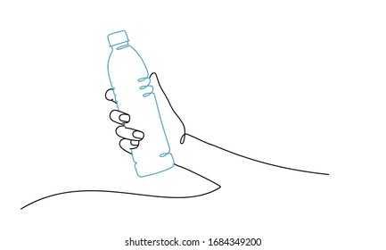 Human Hand With Bottle Of Water. Line Drawing Vector Illustration.