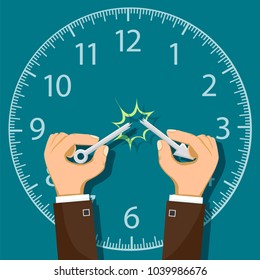 Human hand break the arrow from the clock. Stock vector flat graphic.