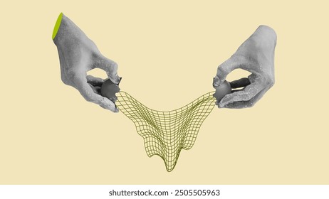 Collage futurista retro de huevo rompedor a mano humana. Malla de rejilla 3D ondulada combinada con Elementos fotográficos realistas en blanco y negro. Arte conceptual artístico Abstractas.