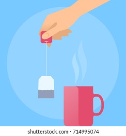 Human hand is brewing tea with tea bag. Concept illustration of male, female hand with teabag and the hot red mug. Flat vector design elements.