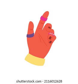 Mano humana con una manicura brillante. Varios anillos modernos. Pieza de caricatura. Elemento contemporáneo para el diseño. Ilustración vectorial dibujada a mano sobre un fondo blanco aislado. 