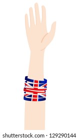 Human hand with British flag rubber wristbands.