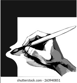 Human hand with brush. Vector. Black and white.