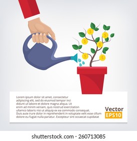 Human hand with can watering money tree. Creative vector illustration. Isolated on trendy gradient background.