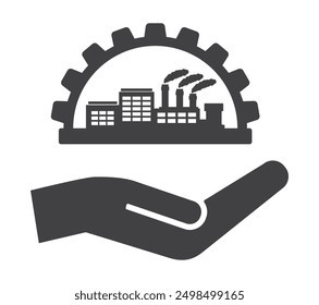 Human hand care support factory inside gear cog frame icon