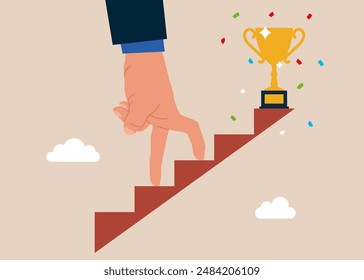 Human hand career ladder and gold prize on top business concept with  go up to boss position success award or reward stairs entrepreneurship competition or work challenge