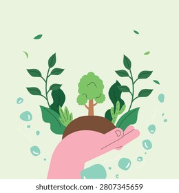 Human hand carefully holding small earth soil with green tree and fresh plants surrounded by floating water droplets vector illustration