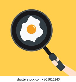 human hand cartoon simple modern holding a Fry pan with a Fried egg vector flat design style. ready to eat breaks fast