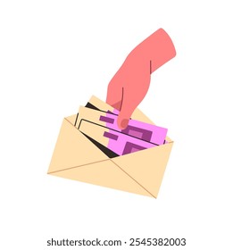 Human hand with cash salary in envelope. Person saves up money to pay debts. Euro bills, banknotes for gift. Concept of corruption, bribe. Flat isolated vector illustration on white background