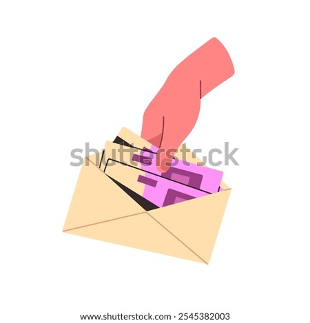 Human hand with cash salary in envelope. Person saves up money to pay debts. Euro bills, banknotes for gift. Concept of corruption, bribe. Flat isolated vector illustration on white background