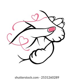 Human hand and cat paw in female palm. Heart shape. Friendship between human and animal. Cheerful character greets pet with handshake. Best friends. Vector