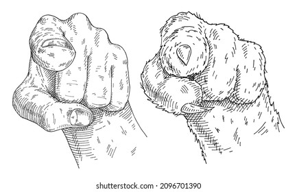 Human hand and cat paw show pointing finger at viewer, from front. Vintage monochrome engraving illustration isolated on white. Design for t-shirt