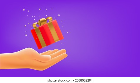 Human hand catching the gift box. 3d style vector banner with copy space
