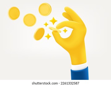 Human hand catching money. 3d vector illustration isolated on white background