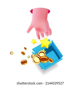 Human Hand Catching Money Flying Out Of Bonus Box. Wealth And Abundance 3D Concept. Rich, Luck, Prosperity, Bonus And Win.