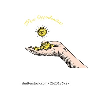 Human hand catching money. Vector clipart illustration. Teamwork, work efficiency, symbolizing startup. Line and Ink sketch. Hand drawn Vintage style. 