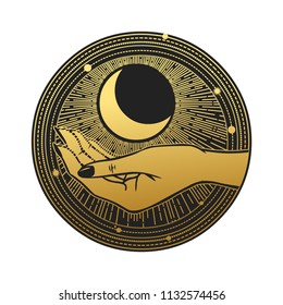 Human hand catching the moon. Vector template for stickers, temporary tattoo and other designs