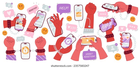 Human hand in chain, handcuffs and shackle holding smartphone demonstrating addiction from new technology, digital device, social media network and internet connection isolated vector illustration set
